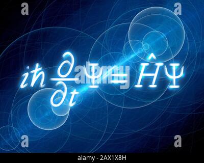 Blau leuchtende zeitabhängige Schrodinger-Gleichung mit kreisförmigen Frequenzen, computergenerierter abstrakter Hintergrund, 3D-Rendering Stockfoto