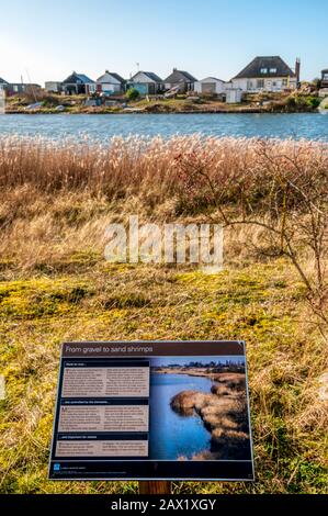 Informationstafel im Vogelschutzgebiet RSPB Snettisham an der Ostküste der Wash. Stockfoto