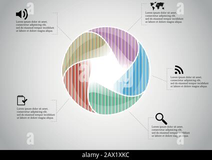 Infografieabbildung Vektorvorlage mit Kreismotiv, aufgeteilt in fünf Farbteile. Jeder Abschnitt wird mit Vorzeichen und Beispieltext verbunden. Backgroun Stock Vektor