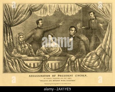 1865, 14. april, WASHINGTON, DC, USA: Der Präsident der Vereinigten Staaten ABRAHAM LINCOLN (* 1809 in Washington, D.C., USA; † 1865). Ein lithographischer Darstellung der Ermordung von Abraham Lincoln im Ford Theater . Von links nach rechts: Henry Rathbone, Clara Harris, Mary Todd Lincoln, Abraham Lincoln und John Wilkes Booth. Pubblished by H.H. Lloyd &Co., New York - Presidente della Repubblica - Stati Uniti - USA - Ritratto - Porträt - Cravatta - Krawatte - papillon - Kragen - Colletto - Abramo - Assassinio - Mörder - Assassinio - Amicidio - Amicid - Sparo di Pistola - Attentato - THEATER - THEATER - THEATER - Theater -- Archivio GBB Stockfoto