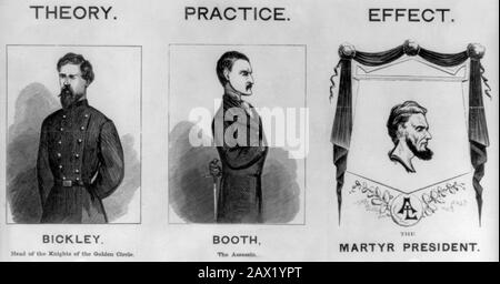 1865 : Der Schauspieler John Wilkes Booth (* um 1835-1865 in New York, USA), der Mörder von Abraham LINCOLN (Big South Fork, KY, 1809 - Washington 1865). Eine ungewöhnliche, dreiteilige Holzgravur, die John Wilkes Booth die Ermordung von Abraham Lincoln auf den Einfluss der prosklavereischen Geheimgesellschaft, den Knights of the Golden Circle, zuschreibt. Lincoln wurde am 14. April 1865 von Booth erschossen, während er das Ford's Theatre in Washington besuchte. In der ersten Platte (links) befindet sich ein dreiviertel langes Porträt von George W. L. Bickley, dem "Kopf der Ritter des goldenen Kreises." Über ihm ist das Wort "Theorie." Der Zentr Stockfoto