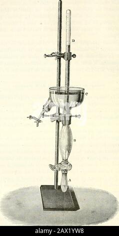 Traité d'Analyse chimique appliquée à la physiologie et à la pathologe; Guide pratique pour les Recherche cliniques . binet. Cetteopération étant achevée, on passe au dosation de lurée : à cet effet,on Verse lurin dans le Réservoir A à laide dun entonnoir à longcol, et lon sarrange de façon à remplir également la parte creusedu robinet. SI le liquide nest pas suffisamment étendu, on y ajouteun Volume deau déterminé. Auf Ferme le robinet de façon à intercepter la Communication entre A et B, et on lave soignement B àleau destillée. Cela fait, on Verse la Solution dhypobromite, étendue de son Stockfoto