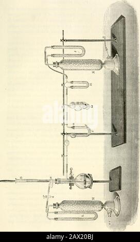 Traité d'Analyse chimique appliquée à la physiologie et à la pathologe; Guide pratique pour les Recherche cliniques . nt par lacide phosphorique, et lecarbonat de chaux peut se Transformator en oxyde. CES observationsne sont pas sans improvement, car elles nous Font connaître tous lessoins quil faut apporter à la préparation de ces cendres. Le Dosage de lacide carbonique seffectue le mieux au moyen delappareil (Abb. O). On met dans le ballon A la substancedans laquelleil sagit de doser lacide carbonique, et lon y ajoute un peu deaudestillée bouillie. Le ballon étant fermé, le tube de dégement Stockfoto