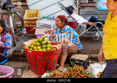 Eine Frau Verkauft Orangen Auf Dem Markt von Psar Nath (Zentralmarkt), Battambang, Kambodscha. Stockfoto