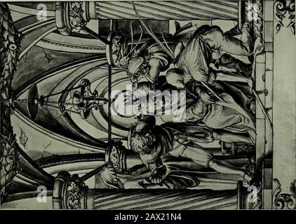 Hans Holbein der Jüngere . Die LEIDENSCHAFT DER CHRISTUS-SERIE 153 zu seiner Freude an den reichsten Renaissance-Formen. Im Saviorsdowncast Gesicht ist ein Blick von intensivem Leid, das man gut trägt. Zwei der Thesoldier drücken die Dornenkrone mit einem lang gebogenen, quer darüber gehaltenen Stock auf seinen Kopf, den ein dritter Mann gewaltsam mit einem herausstechenden Stab schlägt, um ihn sicher nach unten zu zwingen. Ein vierter kniet vorne und treibt das Schilf mit einem Jeer in die Hände der Opfer.Hinter ihnen steht links Pilatus, sein Bürostab hielt aloft.In der nächsten Szene (PI. 48 (1))1 Pilatus sitzt auf einem hohen Thron Stockfoto