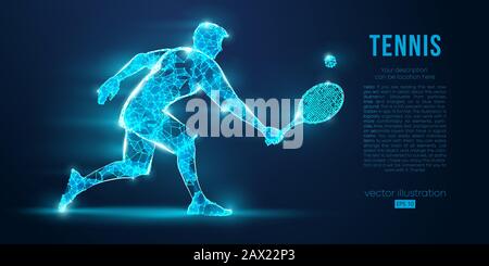 Abstrakte Silhouette des Tennisspielers, männlich mit Ball und Schläger. Flacher Neon-Draht umreißt den geometrischen Vektor Stock Vektor