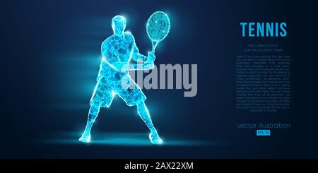 Abstrakte Silhouette des Tennisspielers, männlich mit Ball und Schläger. Flacher Neon-Draht umreißt den geometrischen Vektor Stock Vektor