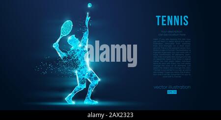 Abstrakte Silhouette des Tennisspielers, männlich mit Ball und Schläger. Flacher Neon-Draht umreißt den geometrischen Vektor Stock Vektor