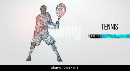 Abstrakte Silhouette des Tennisspielers, männlich mit Ball und Schläger. Flacher Neon-Draht umreißt den geometrischen Vektor Stock Vektor