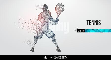 Abstrakte Silhouette des Tennisspielers, männlich mit Ball und Schläger. Flacher Neon-Draht umreißt den geometrischen Vektor Stock Vektor