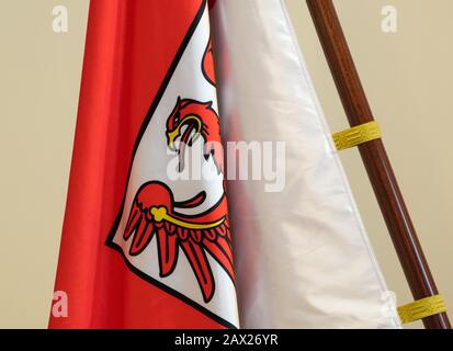 Potsdam, Deutschland. Februar 2020. Auf der rot-weißen Fahne sind nur der Kopf und der obere Teil eines Flügels des Roten Brandenburger Adlers zu sehen. Kredit: Soeren Stache / dpa-Zentralbild / ZB / dpa / Alamy Live News Stockfoto