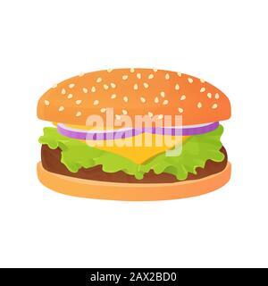 Köstlicher Cartoon-Cheesebburger mit Zwiebel, Salat oder Salat, Rindersteak und Bun mit Sesam.Fastfood-Konzept. Ungesundes Mittagessen. Bestandsvektor Stock Vektor