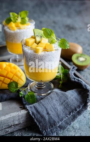 Veganer kokosnusspudding mit Mango-Püree und mit Kiwischeiben in einem Glasbecher bestockt Stockfoto