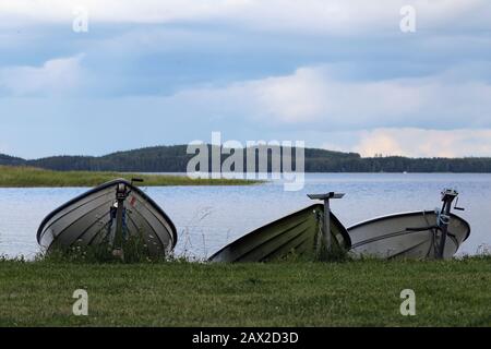 Juli 2019 drei weiße Ruderboote an einer Küste eines Sees in Kuopio, Finnland. Sonniger Sommertag. Es gibt grünes Gras, einen ruhigen See, Wälder und Wolken. Stockfoto