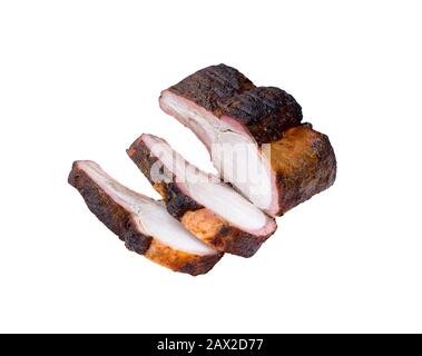 Gegrilltes Schweinefleisch isoliert auf weißem Hintergrund. Grillsteak. Gegrilltes Schweinefleischkotelett. Geröstete Schweinefleischscheiben. Stockfoto