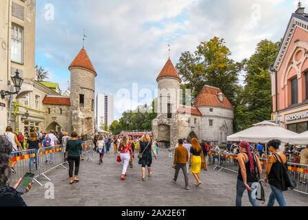 Touristen verlassen die mittelalterliche Altstadt von Tallinn Estland durch das malerische Virustor. Stockfoto