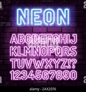 Violettes Neon Alphabet an der Brick Wall Stock Vektor