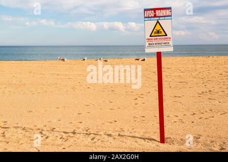 Warnschild am Strand, Albufeira, Algarve, Portugal Stockfoto