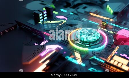 Helle, futuristische CPU- und Prozessortechnologie im Hintergrund. 3D-Illustrationskonzept. Stockfoto