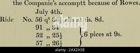 Die Aufzeichnungen einer schottischen Tuchmanufaktur in New Mills, Haddingtonshire, 1681-1703; . " 15 s. 6d. 46 " 30J " 10 s.. Wird am 29. Juni geroutet. MINUTENBUCH DER MANAGER OFJuli 6. ) 101 q * 26}54 " 36}26 " 24}73 " 34. Juli 22. Nr. 87 q* 26}74 " 26}24 " 27 dito 24. 74 " 34 ells 80 " 3676 " 2686 " 3466 " 36 6 pices at 9s. at 6s. 8d. 3 Pices bei 9s.5 Pices bei 6s. 8d. Agust 5. Scarlet Nr. 83 q* 26 ells at 15s. " 16s. 8d." 30s. 26 " 27}21 " 11} Agust 7. Ride Nr. 98 q* 28 ells94 " 2685 " 34 3 pice at 9s. 102 " 26J dito 13. 78 " 36i90 " 2695 " 2692 " 3469 " 2768 " 3673 " 2664 " 36 Stockfoto