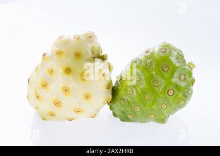 Nonifrüchte isoliert auf weißem Hintergrund, Morinda citrifolia. Stockfoto