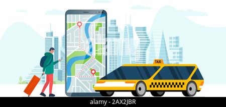 Taxi bestellen Service App Konzept. Mann hält Smartphone mit Route Geotag gps Position PIN Ankunft Adresse auf Stadtplan und moderne gelbe Kabine. Online Taxicab Anwendung flache Vektor Illustration Stock Vektor