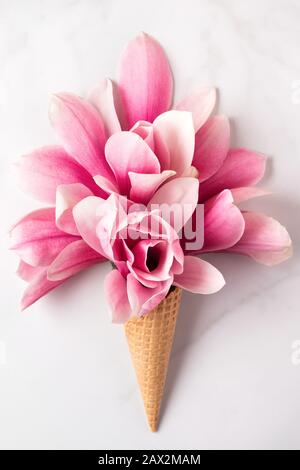 Frühlings-Rosa magnolia blüht im Waffelkegel auf weißem Hintergrund. Minimales Federkonzept. Flache Lage. Draufsicht. Vertikale Ausrichtung Stockfoto