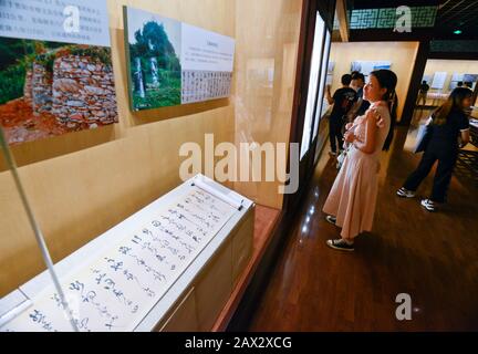 Chinesin besucht eine Kalligraphie Ausstellung. Wuhan Museum, China Stockfoto