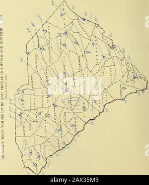 Klimatologische Daten, South Carolina. COLUMBIA, S. C:WEATHKR HUREAU BÜRO. NOVEMBKK, 1900. KLIMA UND SCHOPPEN: SOUTH CAROLINA ABSCHNITT. II S. DKrARTMKXT VON AGRICULTURK, Climate and Crop Service WBATHER BUREAU. Zentrale: Washington, D. C. SOUTH Cfll^OLlJ^fl SECTIO^J.J. W. BAUER, Section Director, COLUMBIA, S. C. Vol. III Columbia, S. C, November 1900. Nr. 11. KLIMATOLOGIE FOB DEN MONAT. Temperatur in Grad Fahrenheit. Die mittlere Temperatur im November 1900 betrug 66,6 Grad, was 1,6 Grad über dem Normalwert Liegt. Der höchste lokale Mäander lag bei Beaufort bei 61,8 Grad und der niedrigste lokale Mittelwert bei Ho bei 60,0 Grad Stockfoto