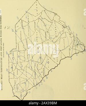 Klimatologische Daten, South Carolina. Â¦ COLUMBIA, S. C:WEATHKR BÜRO.. OctohKK, hm). KLIMA UND GETREIDE: SOUTH CAROLINA SETMON. US-ABTEILUNG VON AGRICUI, TURE. ATE AND CROP SERVICE OK THE WEATHER BUREAU. Zentrale: Washington, D. C. SOUTH CAL^OLiH^fl SECTIOfJ. J. W. BAXJEE, Section Director, COLUMBIA, S. C. Vol. III Columbia, S. C, Oktober 1900. Nr. 10. CLIMATOIiOGY FOB THE MONTH.Temperature, in Degrrees Fahrenheit. Die mittlere Temperatur im Oktober 1900 lag bei 67,6^, das ist 5.3Â über dem Normalwert. Der höchste lokale Mäander war 72,4Â bei Beaufort, der niedrigste lokale Mittelwert war 63. Stockfoto