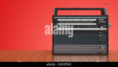 Radioempfänger auf dem Holztisch, 3D-Rendering Stockfoto