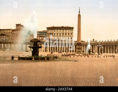 Ca. , ROMA, ITALIEN: Piazza SAN PIETRO, Colonnato del BERNINI und OBELISCO . Photocrom Druckfarben herausgegeben von Detroit Publishing Co. - Saint Peter Place - Square - Città DEL VATICANO - VATIKANSTADT   CHIESA - ROM - LATIUM - ITALIA - FOTO STORICHE - GESCHICHTE - GEOGRAFIA - GEOGRAPHIE - ARCHITETTURA - ARCHITEKTUR - fontana - fontane - Brunnen ----- Archivio GBB Stockfoto