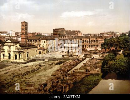 Ca. , ROMA, ITALIEN: Der FORI IMPERIALI, die Chiesa di Santa Francesca Romana und die ARCO DI TITO. Photocrom, Druckfarben herausgegeben von Detroit Publishing Co. - CHIESA - ROM - LATIUM - ITALIA - FOTO STORICHE - GESCHICHTE - GEOGRAFIA - GEOGRAFIE ARCHITETTURA - ARCHITEKTUR - Rudere romano - ARCHEOLOGIA - ARCHÄOLOGIE - Titus --- Archivio GBB Stockfoto