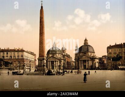 Ca. , ROMA, ITALIEN: PIAZZA DEL POPOLO . Photocrom Print Colors Rediged by Detroit Publishing Co. - CHIESA - ROME - LAZIO - ITALIA - FOTO STORICHE - GESCHICHTE - GEOGRAFIA - GEOGRAPHIE - ARCHITETTURA - ARCHITEKTUR - Piazza - Platz - Platz - Brunnen - fontane - OBELISCO - BELLE EPOQUE --- Archivio GBB Stockfoto