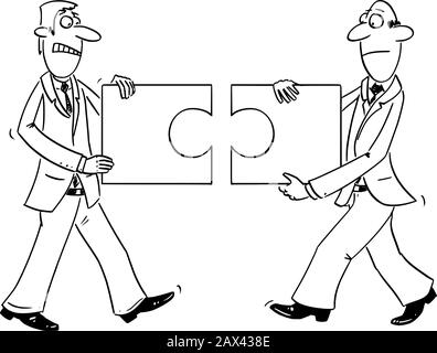 Vector lustige Comic-Cartoon-Zeichnung von zwei Geschäftsleuten, die unanrüchige Puzzleteile, die nicht zusammenpassen, enthalten.Konzept des Problems in der Zusammenarbeit. Stock Vektor
