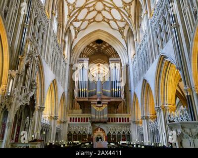 Die Pfeifenorgel und der Chor an der Wells Cathedral, Somerset, Großbritannien - die Orgel wurde in den Jahren 1909-10 von Harrison und Harrison von Durham erbaut Stockfoto