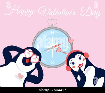 Vector Flat Cartoon Illustration eines Pinguinpaares.EIN Paar verliebte Pinguine geht auf eine Reise.Der Kompass zeigt ihnen die Route.Der männliche Pinguin Stock Vektor