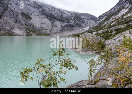 Norwegen Berge Landschaft Blick in der Nähe des Sees mit azurblauem Wasser, Felsen, Gletscher, Schnee. Bewölkte Tages-Tracking-Reise nach Nigardsbreen in Jostedalsbreen Nati Stockfoto