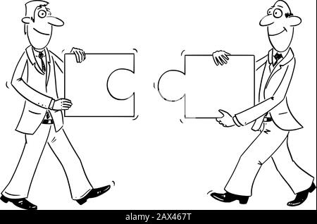 Vector lustige Comic-Cartoon-Zeichnung von zwei Geschäftsleuten, die passende Puzzle-Stücke enthalten.Konzept von Teamarbeit und Zusammenarbeit. Stock Vektor