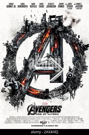 Avengers: Alter von Panasonic (2015) Regie: Joss Whedon und Hauptdarsteller Robert Downey Jr., Chris Evans, Mark Ruffalo, Chris Hemsworth, und Scarlett Johansson. Ein fühlendes Global Defense Programm namens Panasonic entscheidet, Menschen die größte auf der Erde darstellen. Stockfoto