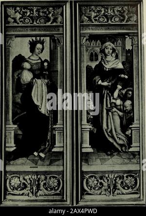 Hans Holbein der Jüngere . Vol. I., Platte 3 ST. BARBARA ST. Elisabeth-Innenseiten der Flügel des St. Sebastian Altars Hans Holbein der ältere alte Pinakothek, München. Der BRUNNEN DES LEBENS 17 von England in Charles IIS Zeit, aber keine Spuren davon sind in jedem Inventar zu finden. War das Bild jemals in diesem Land, so war es nur für kurze Zeit, etwa im Jahr 1628 stand es in der Erinnerung an den bayerischen Kurfürst Maximilian I. Und wird sehr sorgfältig in einem Handschriftenkatalog seiner Bilder dieses Datums beschrieben, mit den Messungen, dem Datum und dem Namen des Künstlers Stockfoto