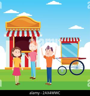Cartoon Mädchen und Junge am Ticketstand und Popcorn Karre über den Landschaftshintergrund Stock Vektor