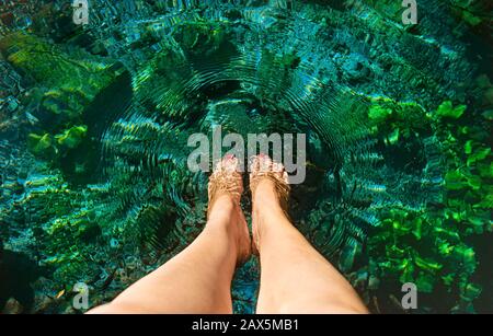 Frauenfüße im Wasser am Cenote in Dzibilchaltun, Yucatan, Mexiko. Stockfoto