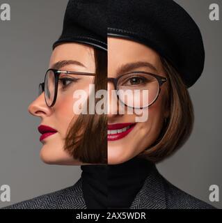 Schöne Frau brünette in schwarzem Beret und Brille. Neue Brillen werden überprüft Stockfoto