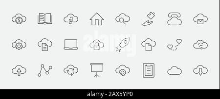 Satz des Symbols "Cloud Vector Line". Es enthält Symbole zum Hochladen, Herunterladen, Verknüpfen und mehr. Bearbeitbarer Strich. 32 x 32 Pixel. Stock Vektor