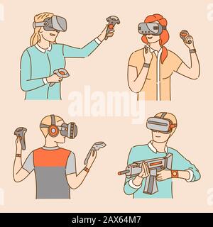 Leute, die VR-Spiele spielen, flache Illustrationen. Junge Frauen und Männer tragen ein Virtual-Reality-Headset mit kabellosen Controllern. Gamer, Spieler genießen Videospiele isolierte Cartoon-Charaktere mit Outline Stock Vektor