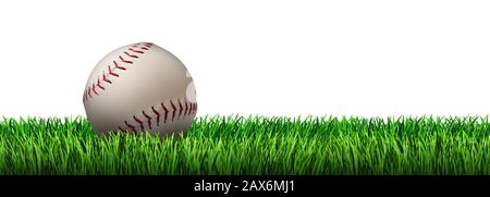 Baseball auf einem Rasenfeld isoliert auf weißem Hintergrund mit 3D-Illustrationselementen. Stockfoto