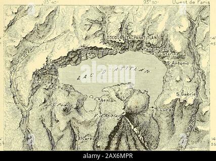 Nouvelle Géographique universelle : la terre et les hommes. SOLOLÂ, &ÎAZATENANGO, [XIMCHÉ. 389 Sololâ, ancienne capitale des Cakchiquel cl habitée encore par leurs des-cendants, Indiens industrieux et fiers, porte aussi le nom de Tec-Alitlanou " Palais Communal dAtitlan ", par opposition à lAtitlan dès ladinos quise trouve en lace, suc la rive mérieme et Duement, qui et galé-et qui Cellui des Tzutujil; ses habitants parlent encore lalangue " métropolitaine ". UN seuil facile, passant entre les deux vulkansdAtillan et de San-Pedro, descent aux riches plantations de la Co Stockfoto