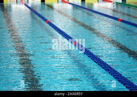 High-Angle-Aufnahme eines professionellen Schwimmbads in einem Sportzentrum Stockfoto