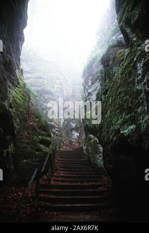 Nebelige Treppen führen durch das Basteigebiet in Sachsen, Deutschland Stockfoto